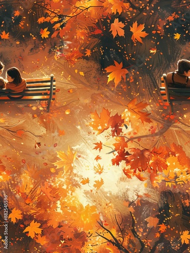 1 Teen lovers, park bench, autumn leaves, bird's-eye view, warm sunlight, intimate moment, high detail