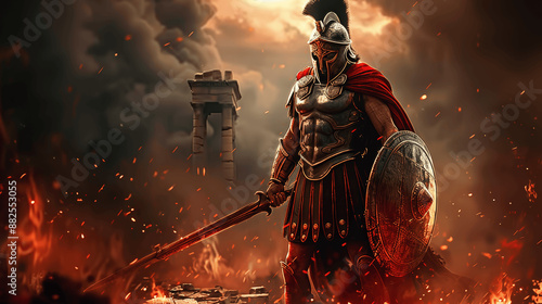 Athenian Warrior with Sword and Shield in Fiery Hell