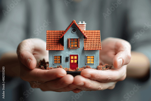 Hands Holding Miniature House Model on Grey Background Real Estate Investment Home Insurance Mortgage Concept