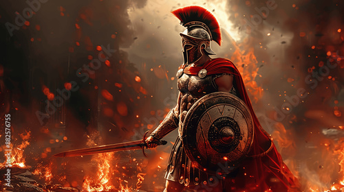 Athenian Warrior in Hell - Epic Battle with Sword and Shield