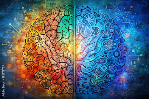 Left right human brain concept, textured illustration. Creative left and right part of human brain, emotial and logic parts concept with social and business doodle illustration of left side, and ... S