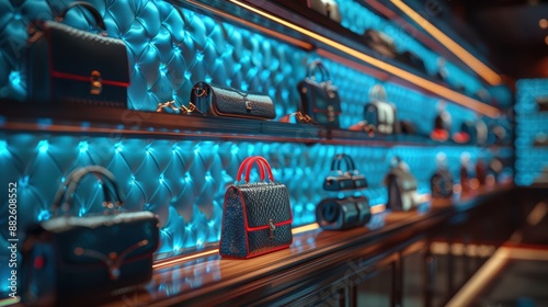 Elegant leather handbags are neatly arranged on shelves, illuminated by blue backlighting that creates a luxurious and sophisticated ambiance