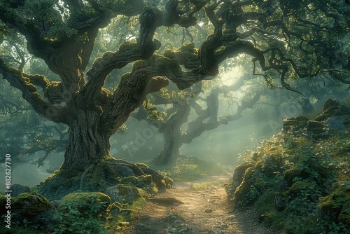 Mystical forest shrouded in mist with ancient trees.