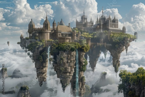 A surreal landscape with floating castles and rivers.