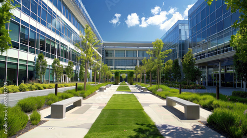 Modern office building courtyard with lush greenery and benches.