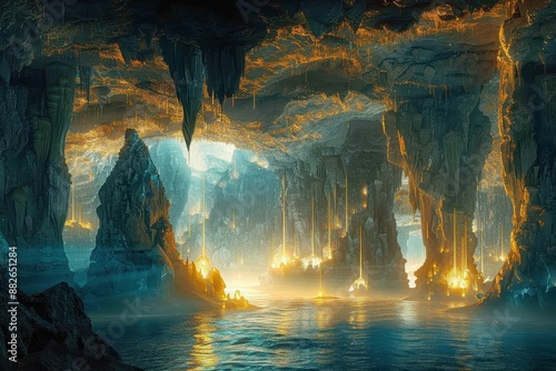 Massive cavern with stalagmites and stalactites.