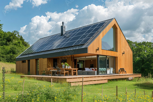 Modern eco-friendly passive house with solar panels on the rooftop