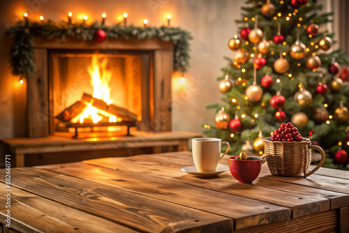 Cozy winter scene featuring a wooden table with decorative items in front of a blurred Christmas tree and warm fireplace, with ample copy space.