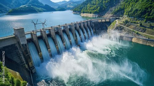 A hydroelectric dam generating power, with turbines and infrastructure showcasing modern engineering