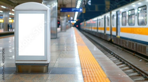 Vertical advertising billboard with empty digital screen on railway station. Blank white poster, public information board.