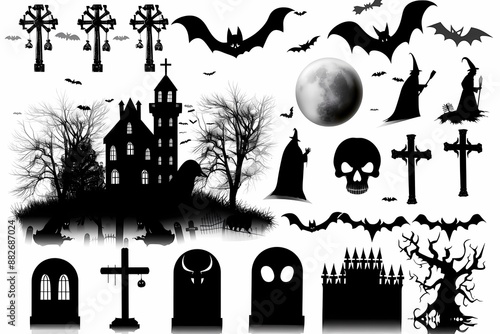 Spooky Halloween silhouette collage with haunted house, witches, bats, skull, and gravestones