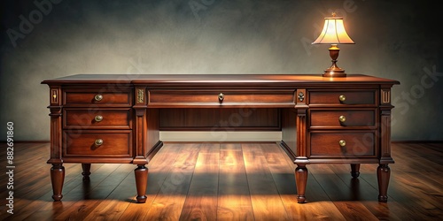 Mahogany desk in soft lamplight , mahogany, desk, center, room, soft, lamplight, vintage, elegant, furniture, workspace