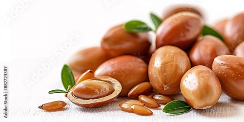 Natural organic skincare oil from Argan nuts, isolated Argania oil seeds, grown in Morocco and used for medicine and food, on a white background.