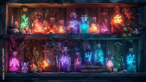 A witch s potion shelf with glowing bottles and magical ingredients