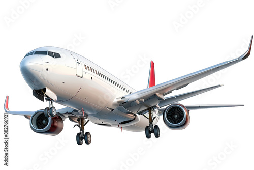 White commercial airplane with red accents flying in the sky, showcasing landing gear and engines. Perfect for travel and aviation themes.