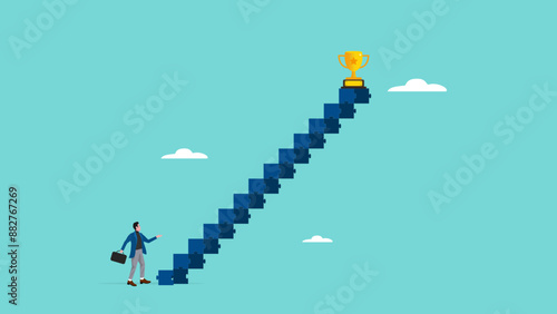 small steps to success or achieve big goals, consistency and perseverance to reach target, small change big impact concept, businessman climbs small ladder diligently to reach the championship trophy