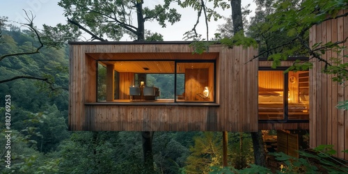 Modern eco lodge surrounded by lush forest for sustainable living concept