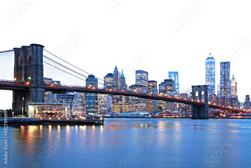 Brooklyn Bridge and Manhattan skyline during twilight, city lights reflecting on water, concept of urban landscapes