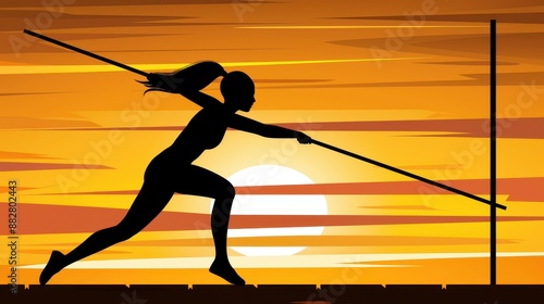 Stunning silhouette of a young woman pole vaulter against a picturesque sky. Track and field athlete in action.