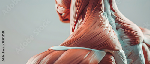 Closeup shot showcasing defined trapezius muscles on a person's back, highlighting strength and definition.