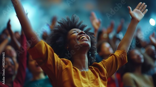 cinematic photographs of people in their thirties praising God in a mood of joy and happiness and gratitude