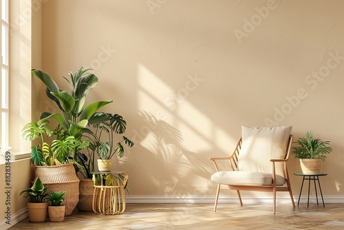 Interior of stylish living room with armchair and houseplants near beige wall