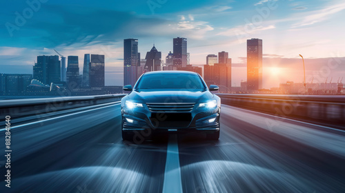 Dynamic front view shot of a car on a highway, cinematic style, with a modern cityscape in the background