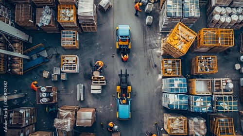 Aerial view of warehouse workers managing inventory, moving boxes with a forklift, and organizing pallets in a large storage facility.