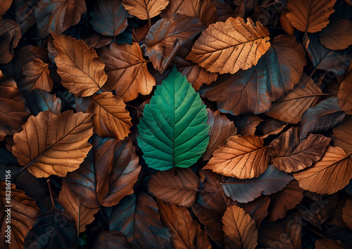 Single green leaf among brown autumn leaves