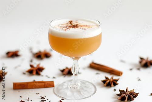 Vanilla cinnamon maple whiskey sour cocktail , white background