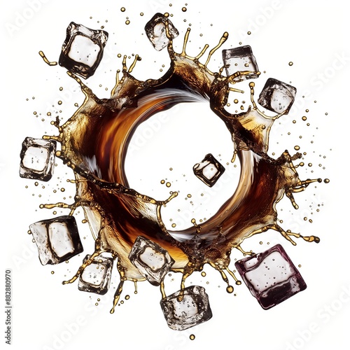 Photography of circular black Coke soda splash swirl, ice cubes floating isolated white background