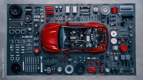 A red car is disassembled with all of the parts spread out on a grey floor