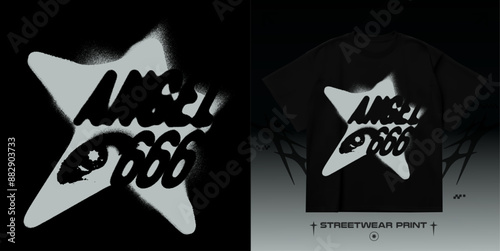 Streetwear star print. Street 3D grunge angel 666 print for t-shirt, hoodie and sweatshirt. Isolated on black background
