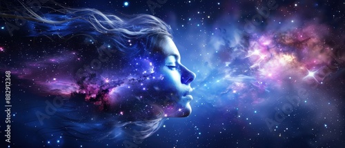 Surreal Digital Art of a Woman's Face Blending into a Cosmic Galaxy with Stars and Nebulae