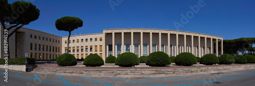 Panoramic view of Palazzo degli Uffici (offices palace) and piazzale delle fontane at EUR in Rome, example of the rationalist architecture of the first half of the 20th century