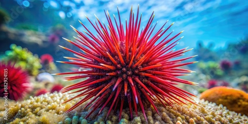 Close-up of a vibrant red sea urchin in its natural habitat, sea creature, underwater, marine life, ocean, echinoderm