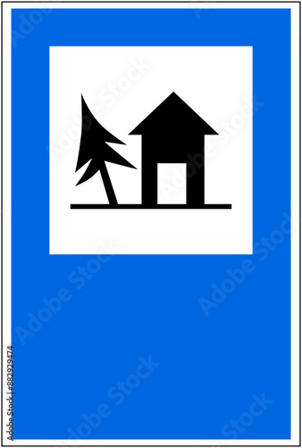 Illustration of blue, white and black colored road sign youth hostel ahead. Illustration made July 13th, 2024, Zurich, Switzerland.