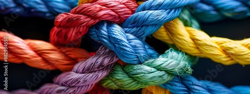 A colorful knotted ting of rope with different colors on a black background. An abstract concept for global business, teamwork and diversity in corporate team work or collaboration themes. 