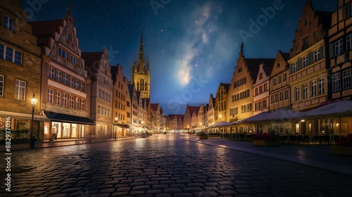 AI generator image of Munster, Germany at the night times,Photo Prinzipalmarkt shopping in a lively historical square Münster, Germany at night and the northern lights are very bright and beautiful.