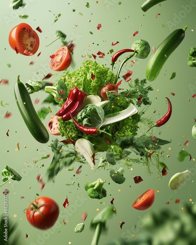 AI generator image of lots of different vegetables flying in the air on a monotonous green background,falling into a supermarket cart, fruits, vegetables, groceries, rice, snacks, aerial view