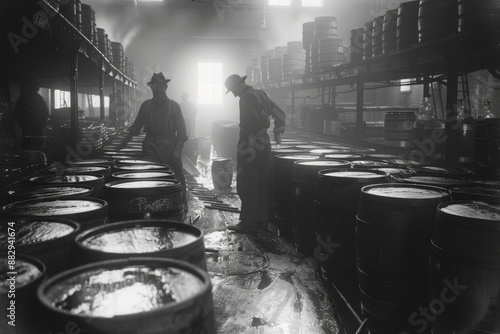 Early 1900s processing factory using half barrels, Generative AI