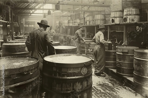 Early 1900s processing factory using half barrels, Generative AI