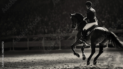 A rider performing a gymnastic element on a horse in a vaudeville setting. Highlights the precision and elegance of equestrian vaulting.