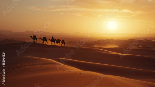 Camel caravan on sand dunes on dessert