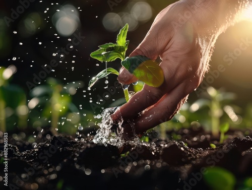 Hands planting in a community garden, a cinemagraph where water droplets from a watering can come to life, symbolizing growth and sustainability