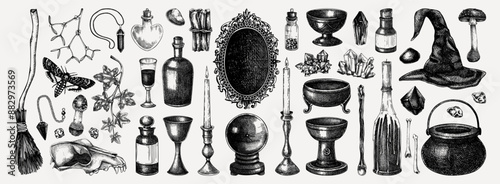 Witchcraft hand-drawn vector illustrations set. Vintage Halloween sketches. Antique apothecary, alchemy design elements. NOT AI generated