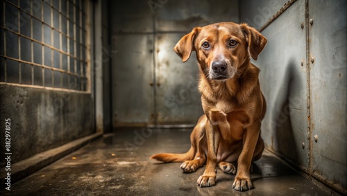 Lonely brown dog with sad eyes sits on a cold concrete floor in a dimly lit kennel at an animal shelter.