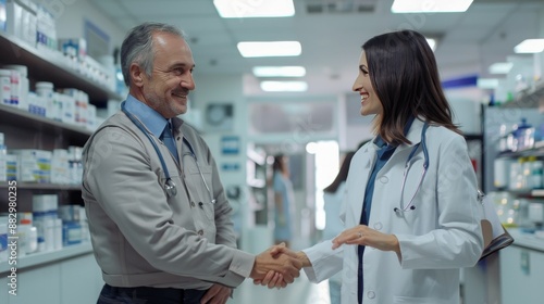 Pharma rep presenting new medication to doctor, handshake meeting in medical office, realistic image