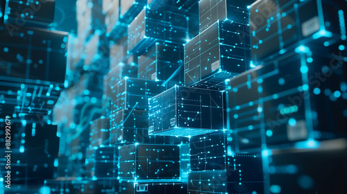 futuristic warehouse with interconnected, glowing blue digital lines and floating boxes, representing an AI driven supply chain management system optimizing logistics