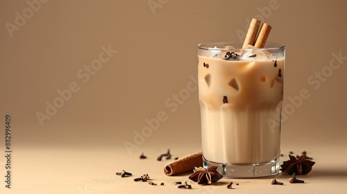 Soft beige backdrop showcasing a sleek glass of iced chai latte with cinnamon sticks and star anise